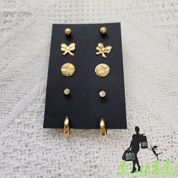 BFD Gold Toned Stud earring Set-Bows Theme - Picture 1 of 5
